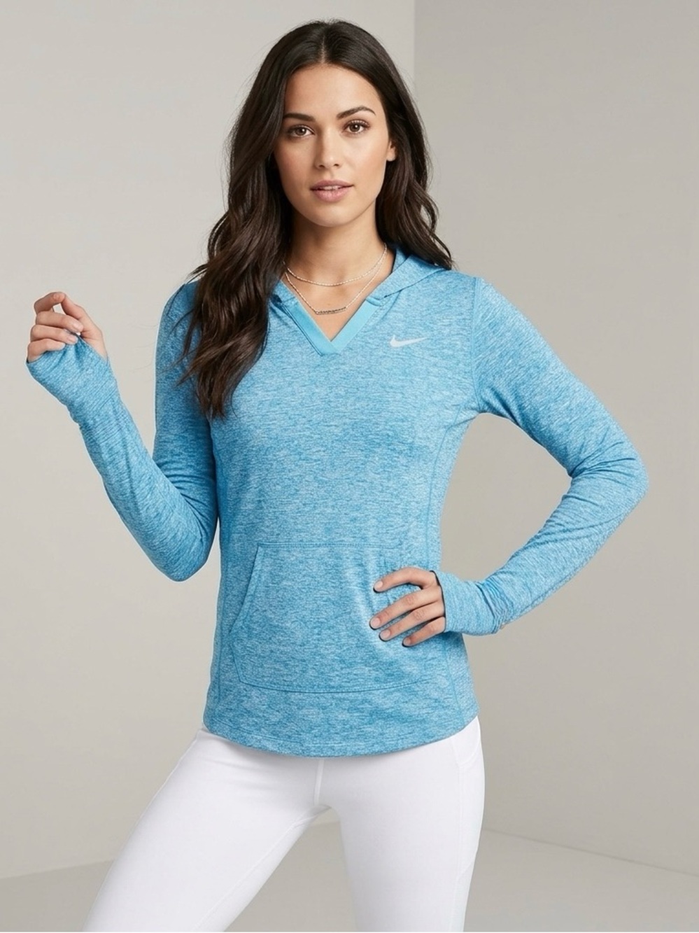 Nike Dri-FIT Blue Hoodie Womens S Small Teal Heather V-Neck Thumbhole Running